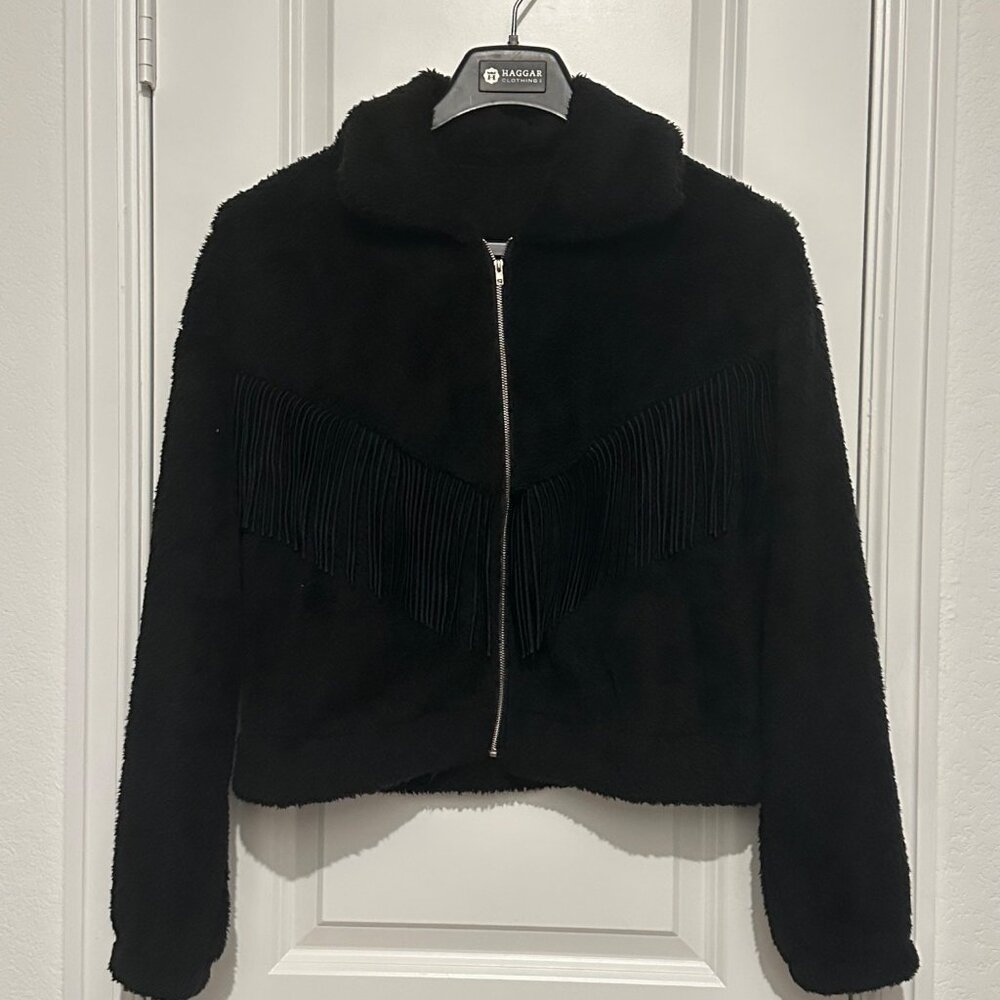 Shein Black Faux Fur Fringe Jacket Womens M 38 Polyester Zip Closure - Picture 2 of 8